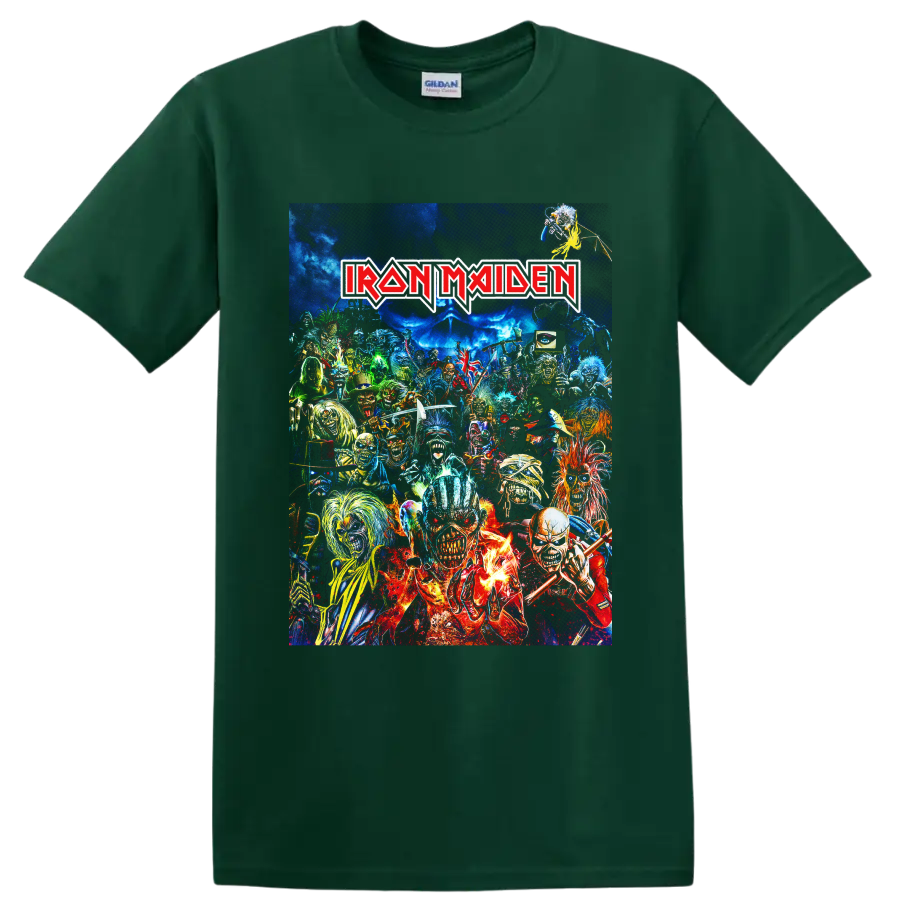 Iron Maiden Eddie the Head heavy metal collage with band logo and vivid horror artwork on a Forest Green T Shirt