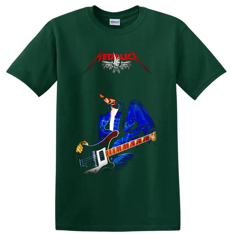 Cliff Burton playing bass in a dramatic Metallica tribute graphic on a Forest Green T Shirt