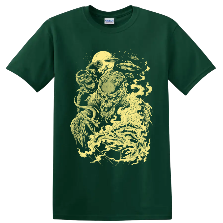 Pale-yellow alien zombie horror illustration with skull-like creatures and a flying saucer on a Forest Green T Shirt