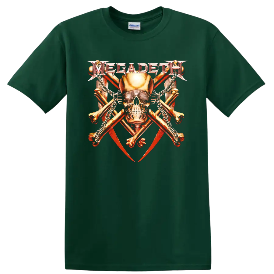 Megadeth Vic Rattlehead armored skull with chains, crossed bones, and red blades on a Forest Green T Shirt