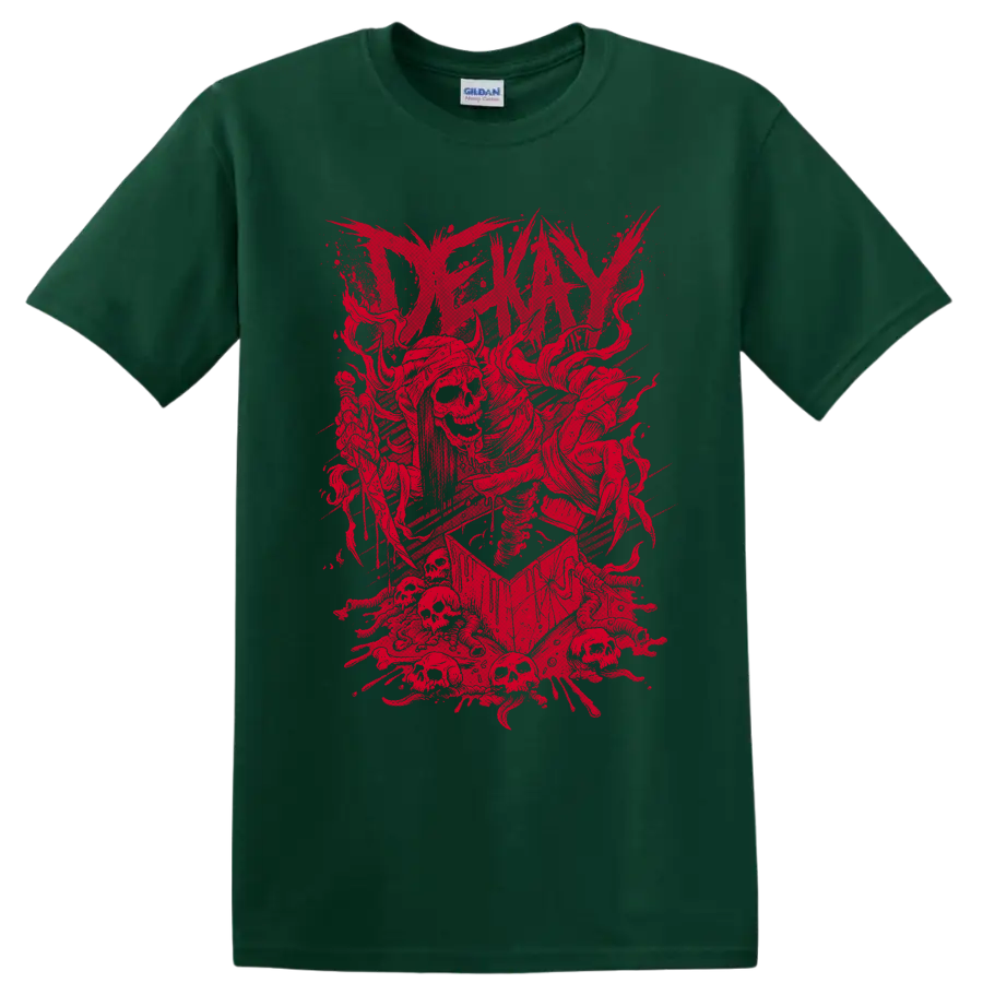 Distressed red Dekay skeleton graphic with splatter and angular rock-metal artwork on a Forest Green T Shirt