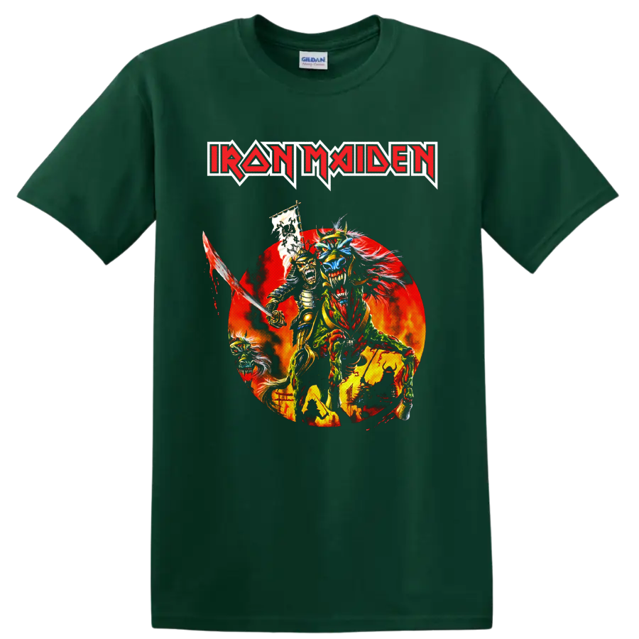 Iron Maiden Eddie the Head samurai warrior graphic with sword and fiery backdrop on a Forest Green T Shirt