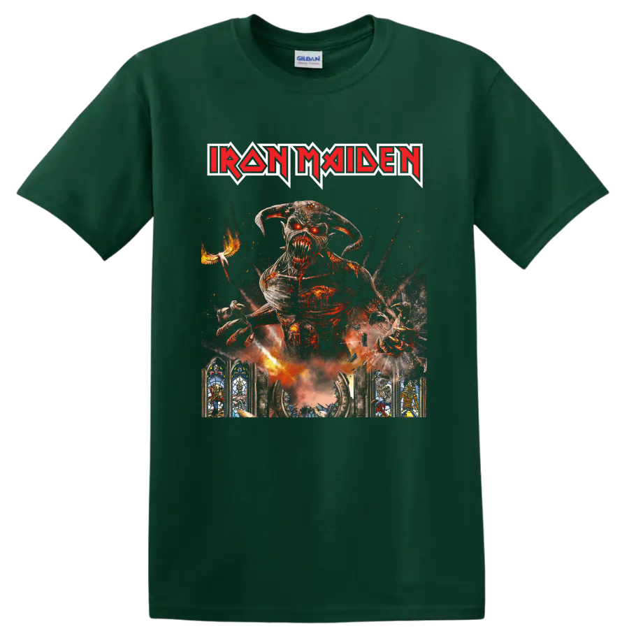 Iron Maiden Eddie the Head in fiery gothic Legacy of the Beast-inspired artwork on a Forest Green T Shirt