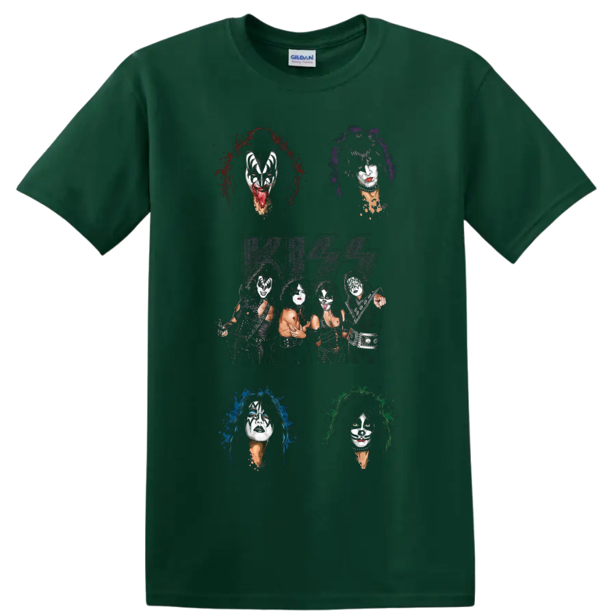 KISS original lineup portrait collage with logo and colorful paint-splatter halos on a Forest Green T Shirt