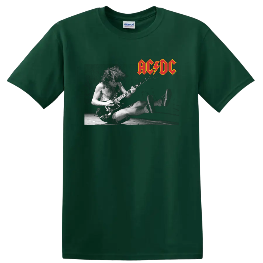 Angus Young playing guitar in a black-and-white live AC/DC concert design with band logo on a Forest Green T Shirt