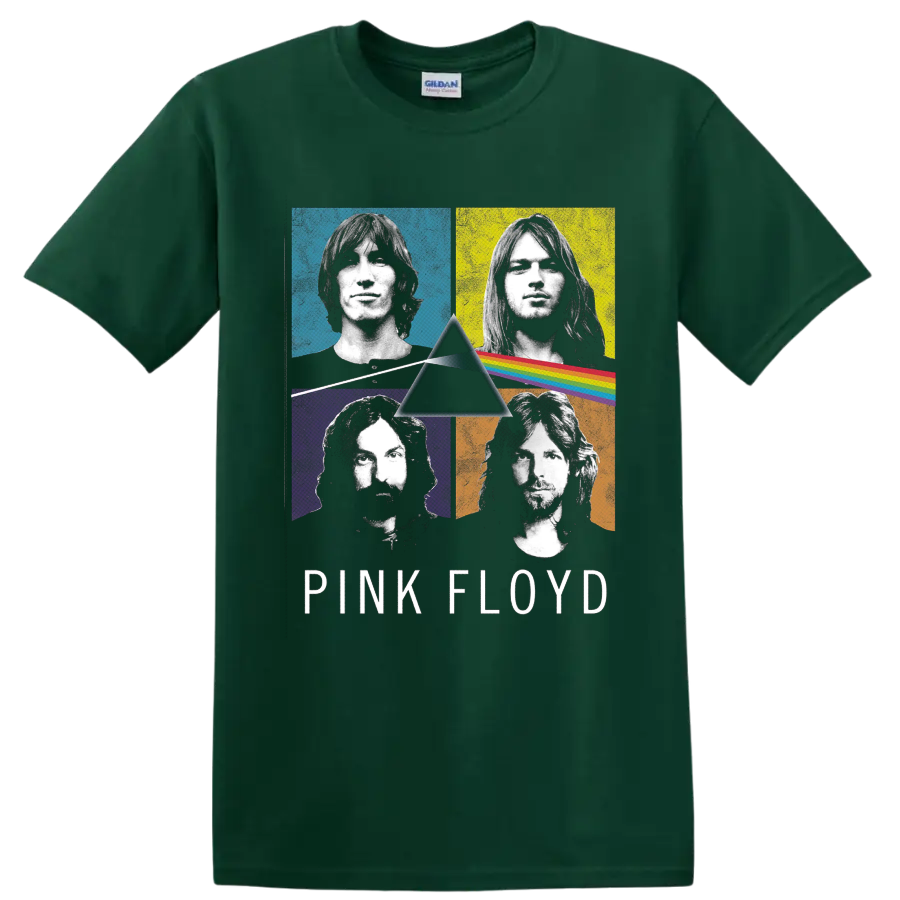 Pink Floyd member portraits with Dark Side of the Moon prism and rainbow graphic on a Forest Green T Shirt