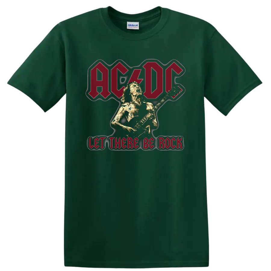 AC/DC Let There Be Rock graphic with Angus Young playing electric guitar on a Forest Green T Shirt