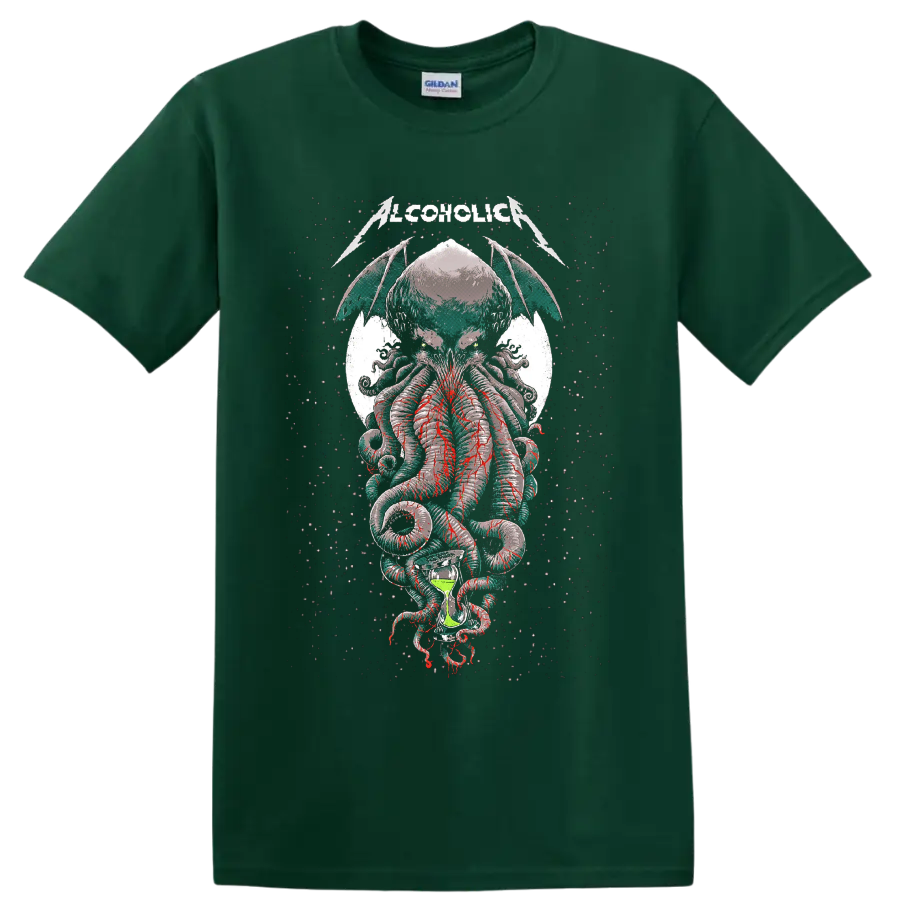 Alcoholica Cthulhu horror metal graphic with winged tentacles and hourglass on a Forest Green T Shirt