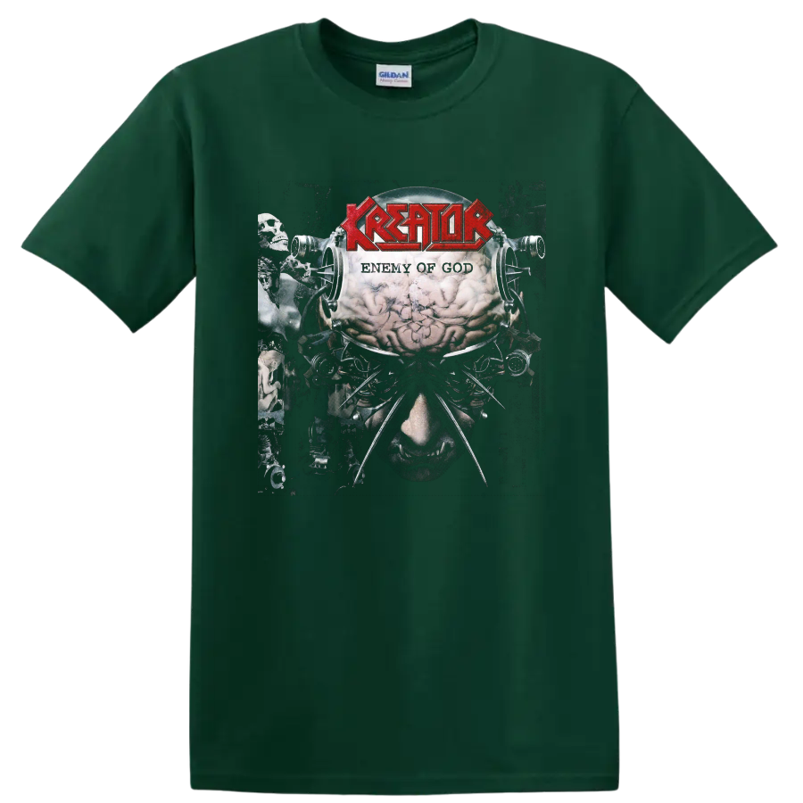Kreator Enemy of God album art with red logo, brain, skulls, and mechanical horror imagery on a Forest Green T Shirt