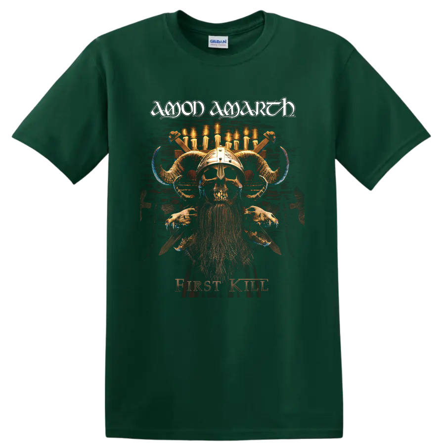 Amon Amarth First Kill Viking skull warrior graphic with horned helmet and candles on a Forest Green T Shirt