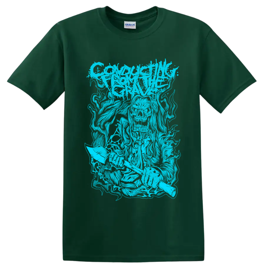Conducting From the Grave distressed cyan metal band logo graphic on a Forest Green T Shirt