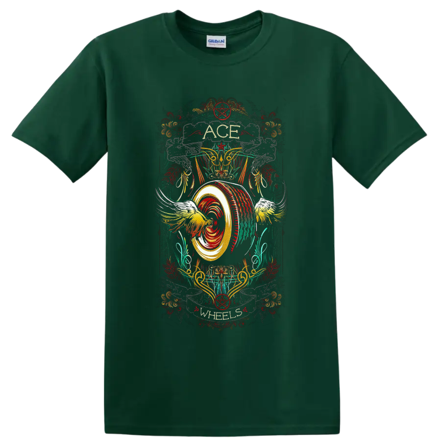 Ace Wheels distressed rockabilly winged wheel and pentagram custom-culture graphic on a Forest Green T Shirt