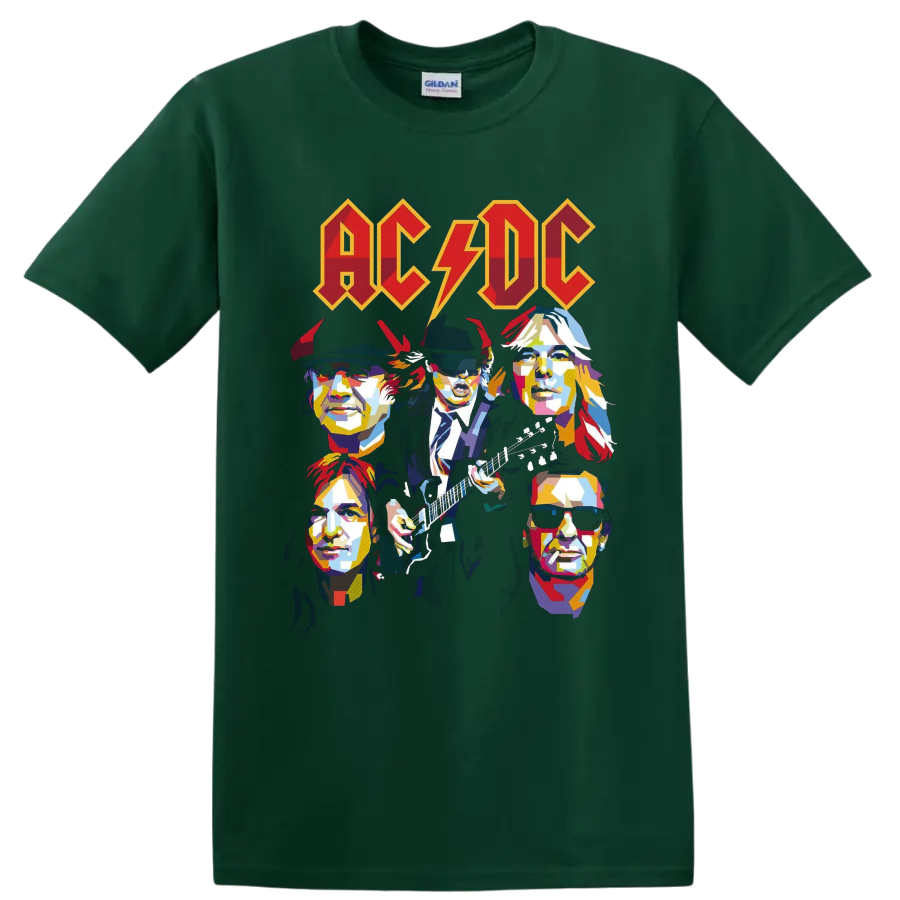 AC/DC pop-art band portraits with Angus Young playing guitar beneath lightning-bolt logo on a Forest Green T Shirt