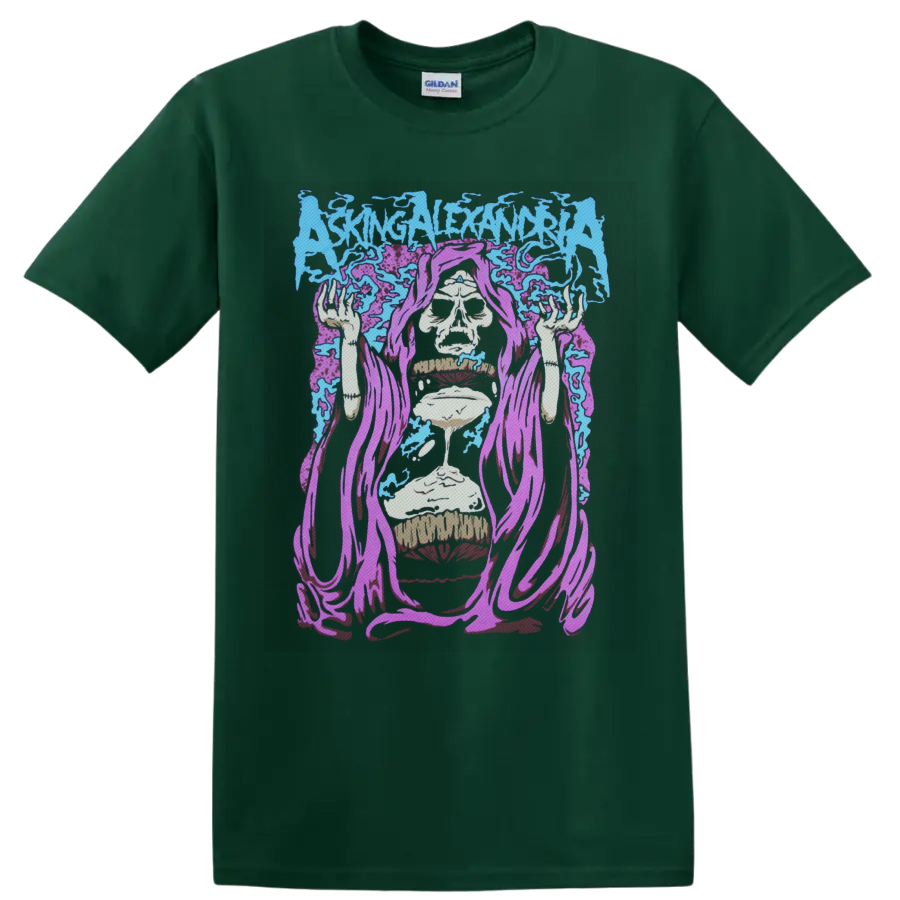 Asking Alexandria logo above purple-robed skull reaper with dripping hourglass on a Forest Green T Shirt