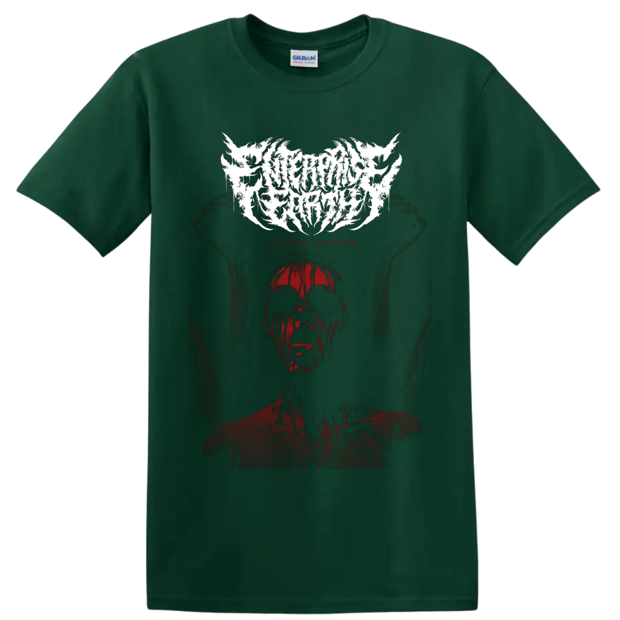 Enterprise Earth logo above a distressed red skull-like figure and This Hell My Home text on a Forest Green T Shirt