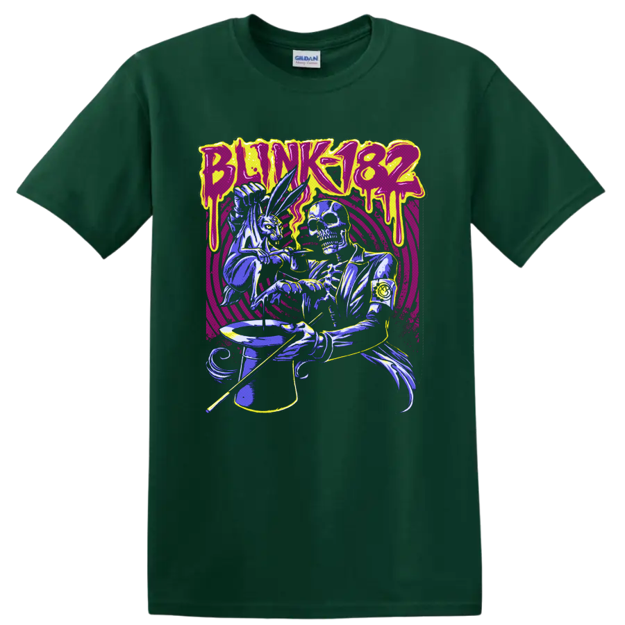 Blink-182 skeleton magician and rabbit with top hat in neon punk-horror art on a Forest Green T Shirt