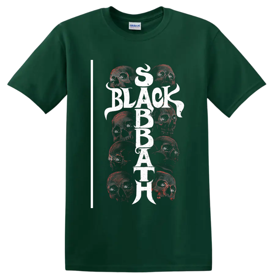 Black Sabbath distressed vertical lettering with layered skull artwork on a Forest Green T Shirt