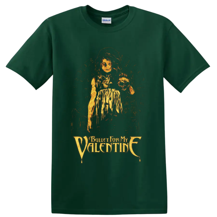 Bullet for My Valentine gothic woman and skull graphic with distressed logo lettering on a Forest Green T Shirt