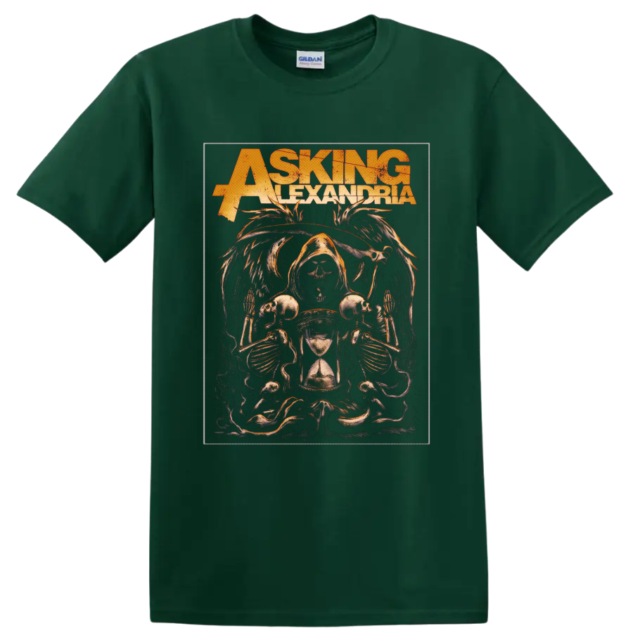 Asking Alexandria distressed gothic graphic with hooded skeleton, skulls, and hourglass on a Forest Green T Shirt