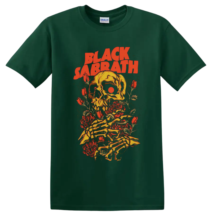 Black Sabbath vintage skull and red roses graphic with skeletal hands on a Forest Green T Shirt