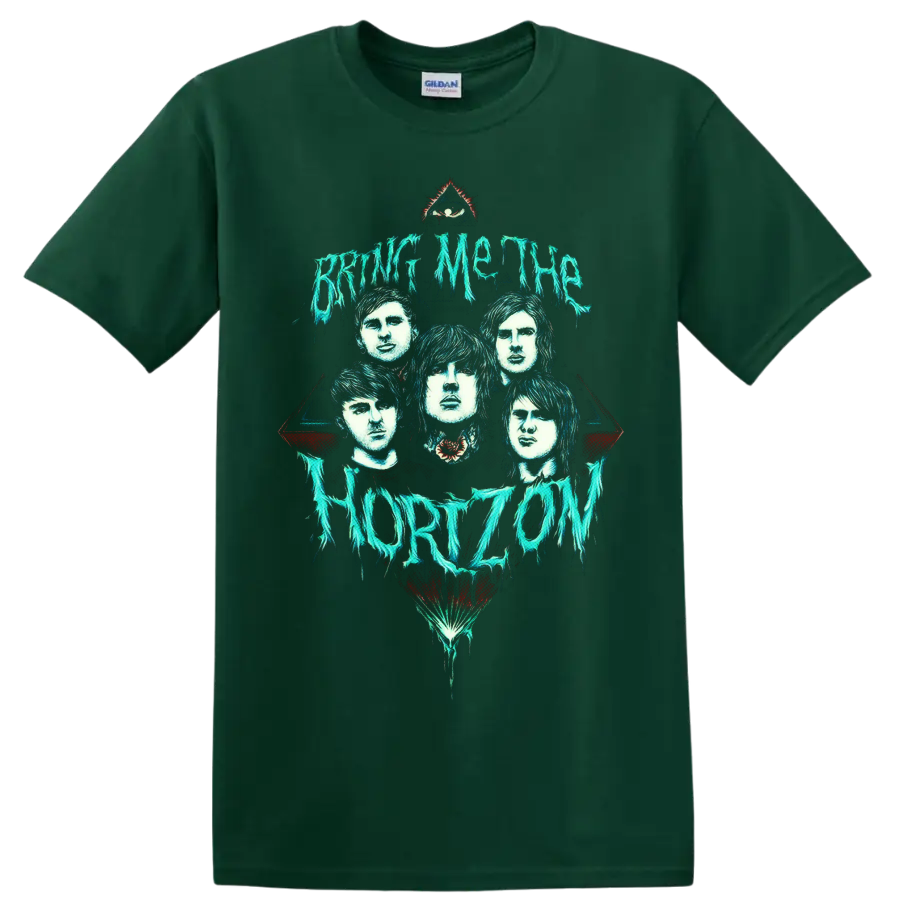 Bring Me the Horizon portraits with dripping turquoise text and gothic eye motif on a Forest Green T Shirt
