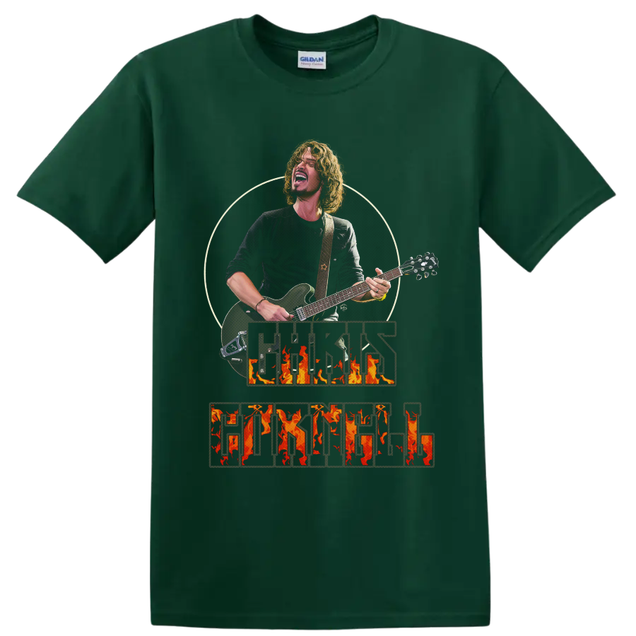 Chris Cornell guitar performance portrait with distressed flaming name lettering on a Forest Green T Shirt