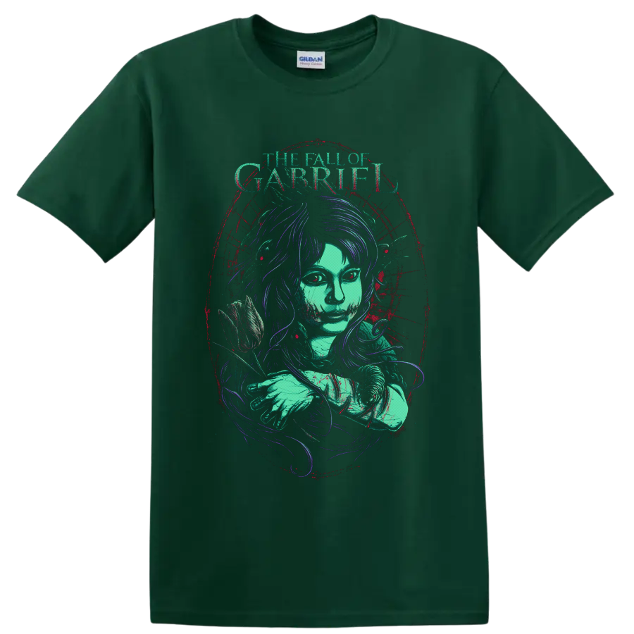 The Fall of Gabriel gothic woman with rose in distressed teal, purple, and red art on a Forest Green T Shirt
