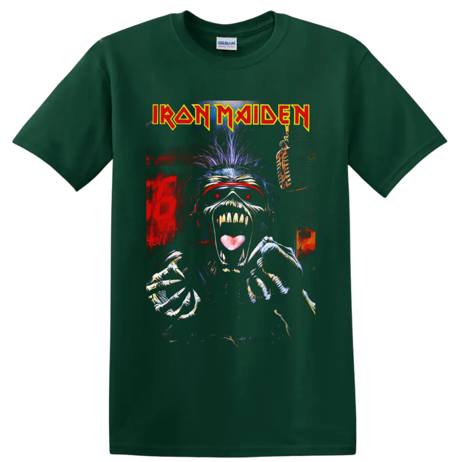 Iron Maiden Eddie the Head skeletal horror-metal graphic with band logo on a Forest Green T Shirt
