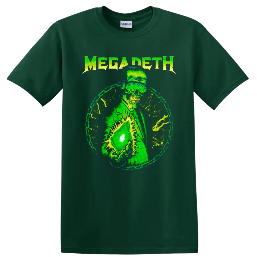 Megadeth Vic Rattlehead neon green distressed metal graphic with visor and glowing object on a Forest Green T Shirt