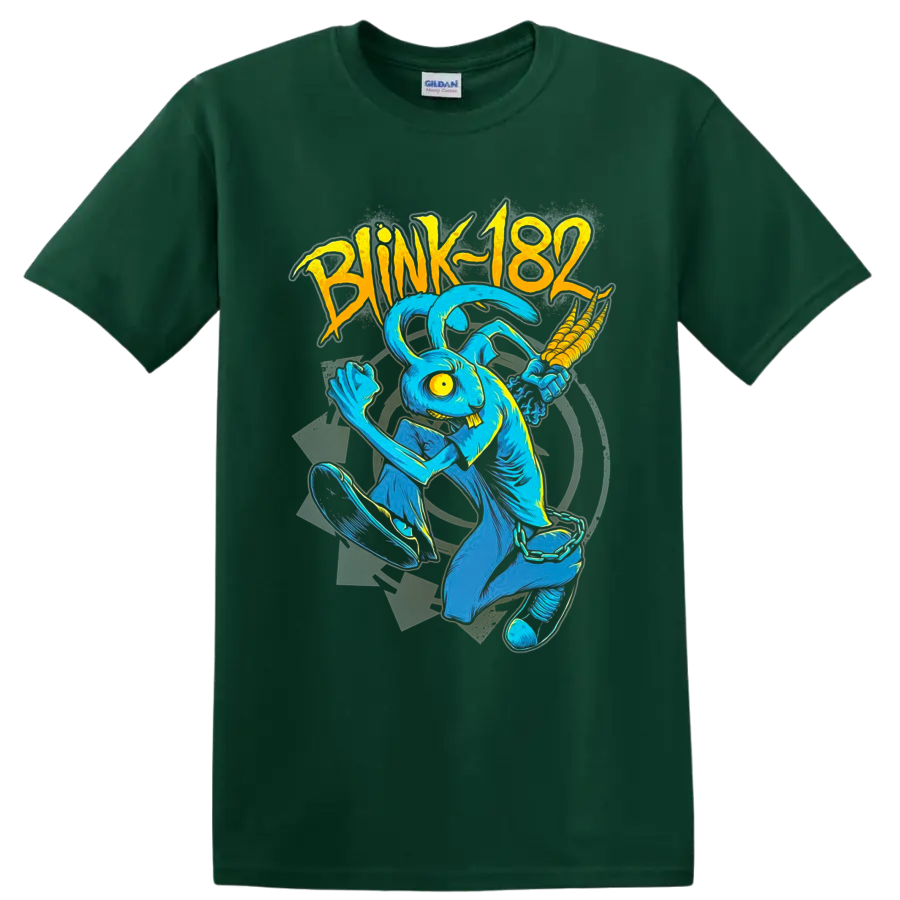 Blink-182 blue rabbit mascot skateboarding in vivid retro punk comic art on a Forest Green T Shirt