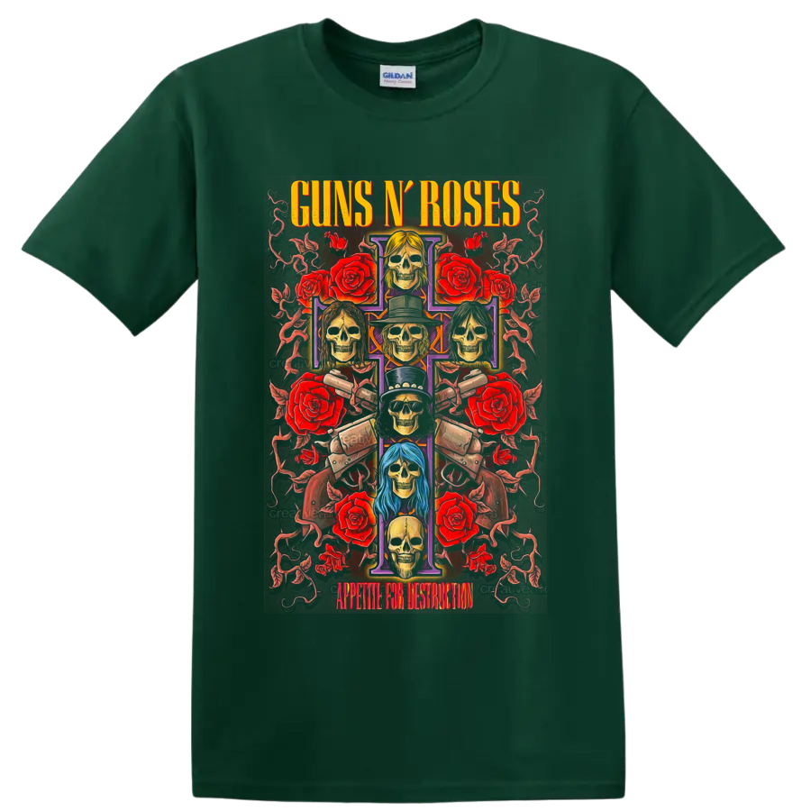 Guns N' Roses Appetite for Destruction skull cross with roses and pistols on a Forest Green T Shirt