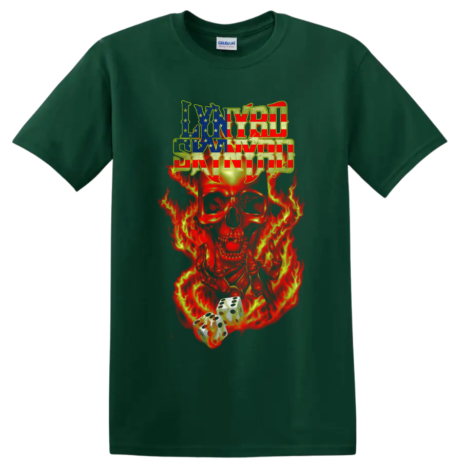 Lynyrd Skynyrd American flag lettering with flaming skull and dice graphic on a Forest Green T Shirt