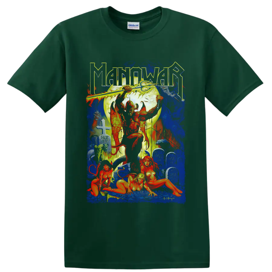 Manowar Hell on Earth IV heavy metal fantasy warrior and cemetery graphic on a Forest Green T Shirt