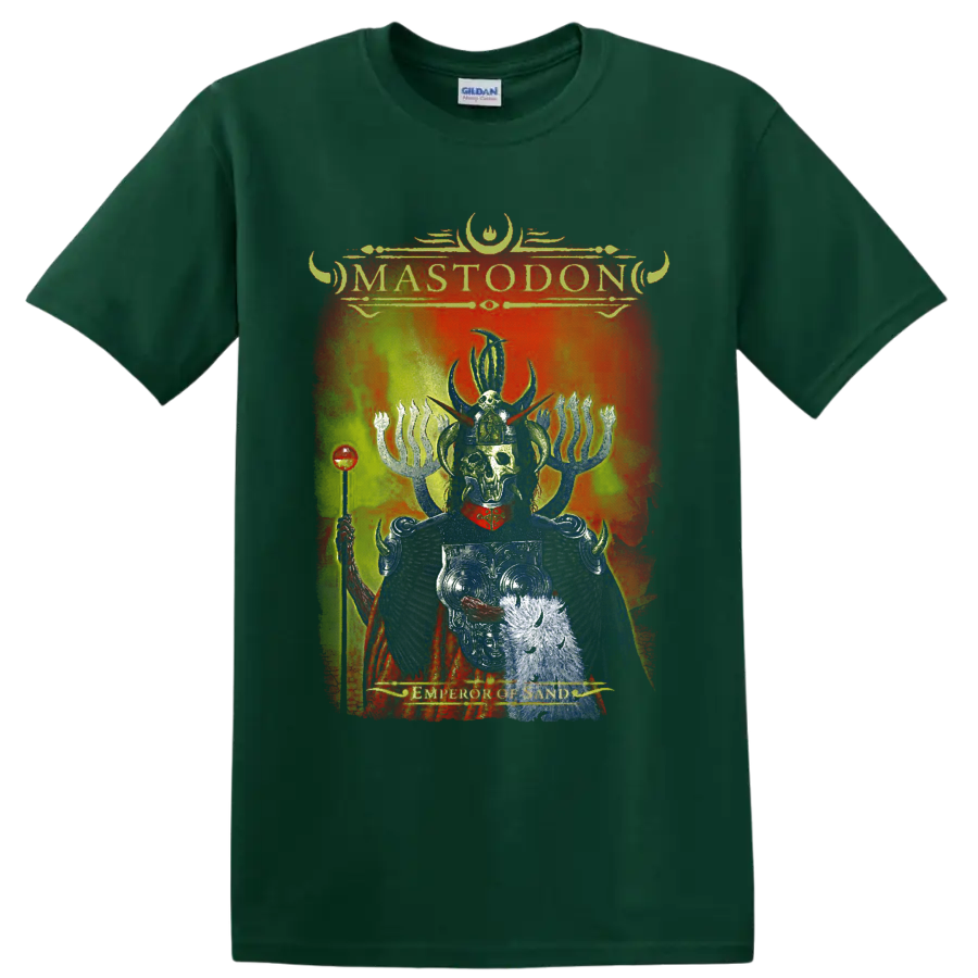 Mastodon Emperor of Sand distressed album art with skeletal horned ruler and fiery on a Forest Green T Shirt