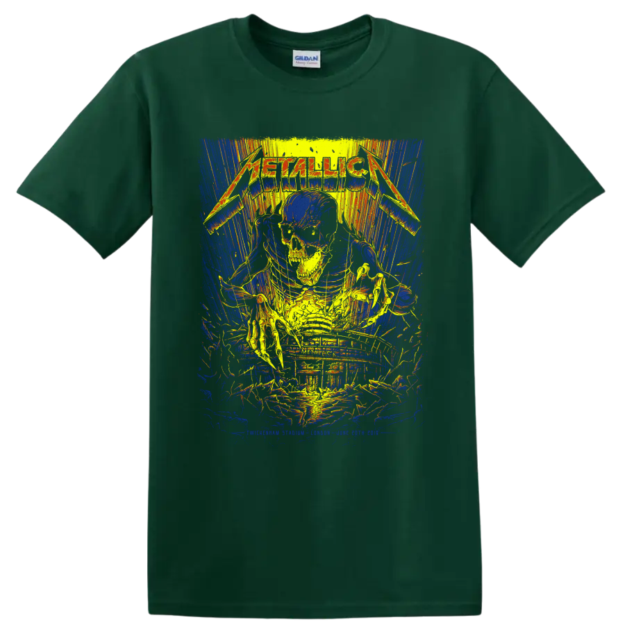 Metallica logo over a skull and skeleton in distressed neon concert-poster artwork on a Forest Green T Shirt