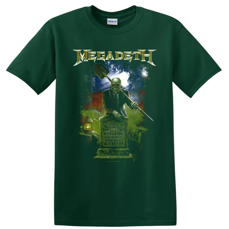 Megadeth Vic Rattlehead graveyard graphic with shovel, lantern, and distressed metal art on a Forest Green T Shirt