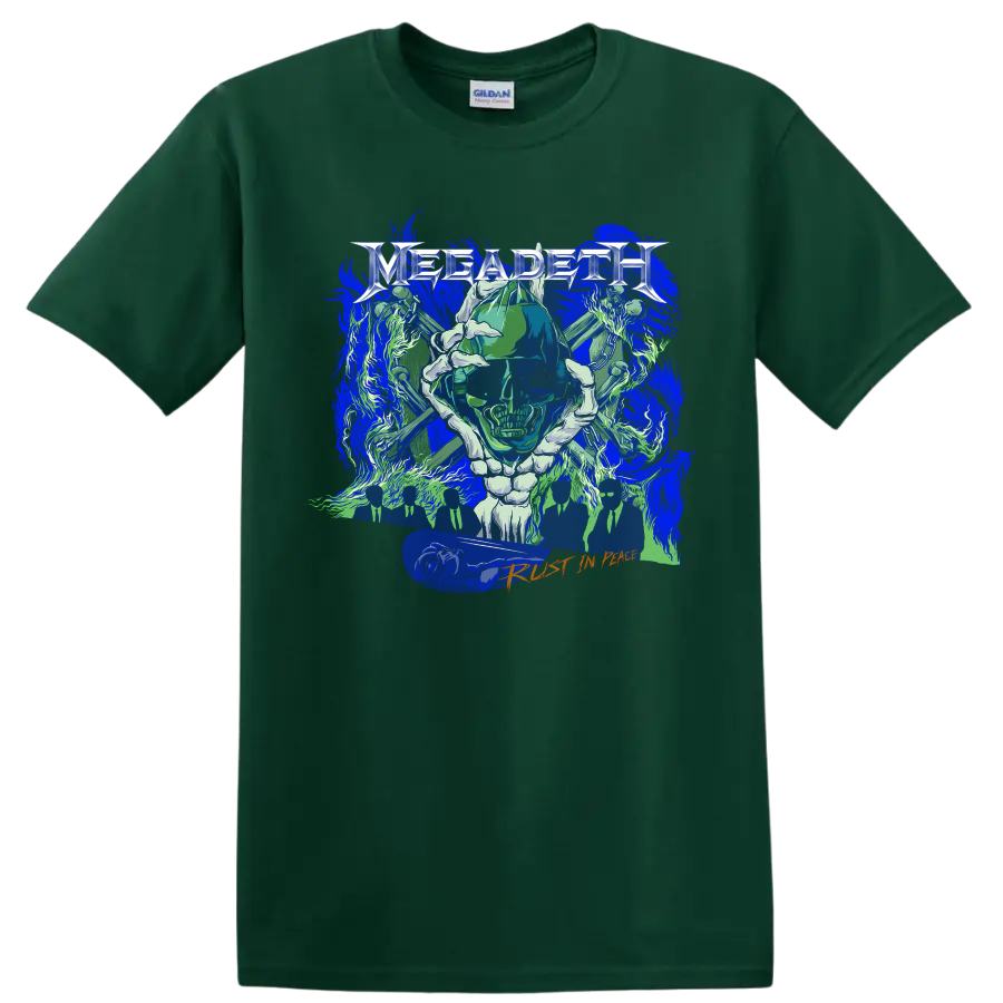 Megadeth Rust in Peace Vic Rattlehead skull heavy metal graphic on a Forest Green T Shirt