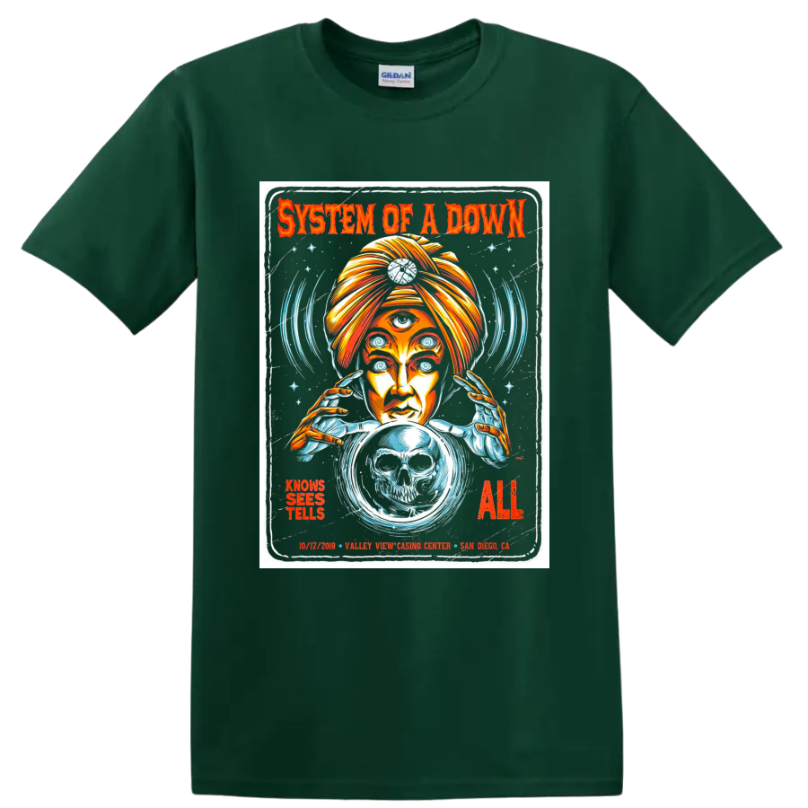 System of a Down concert poster art with psychic, skull crystal ball, and spiral eyes on a Forest Green T Shirt