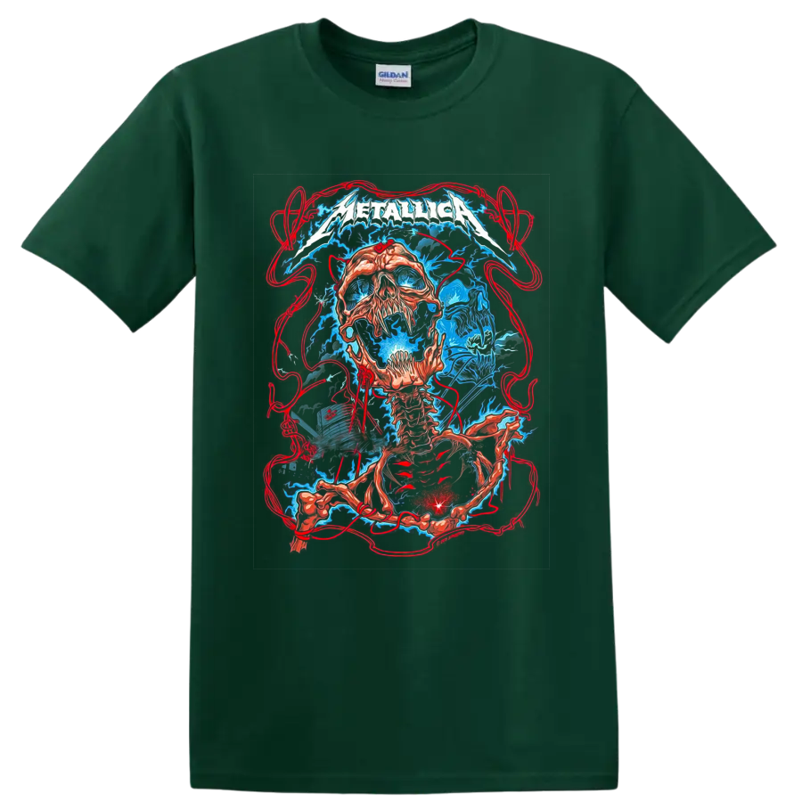 Metallica logo over surreal skull and skeleton concert art with electric blue energy on a Forest Green T Shirt