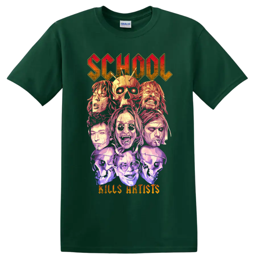 School Kills Artists gothic horror collage with skulls and illustrated faces on a Forest Green T Shirt