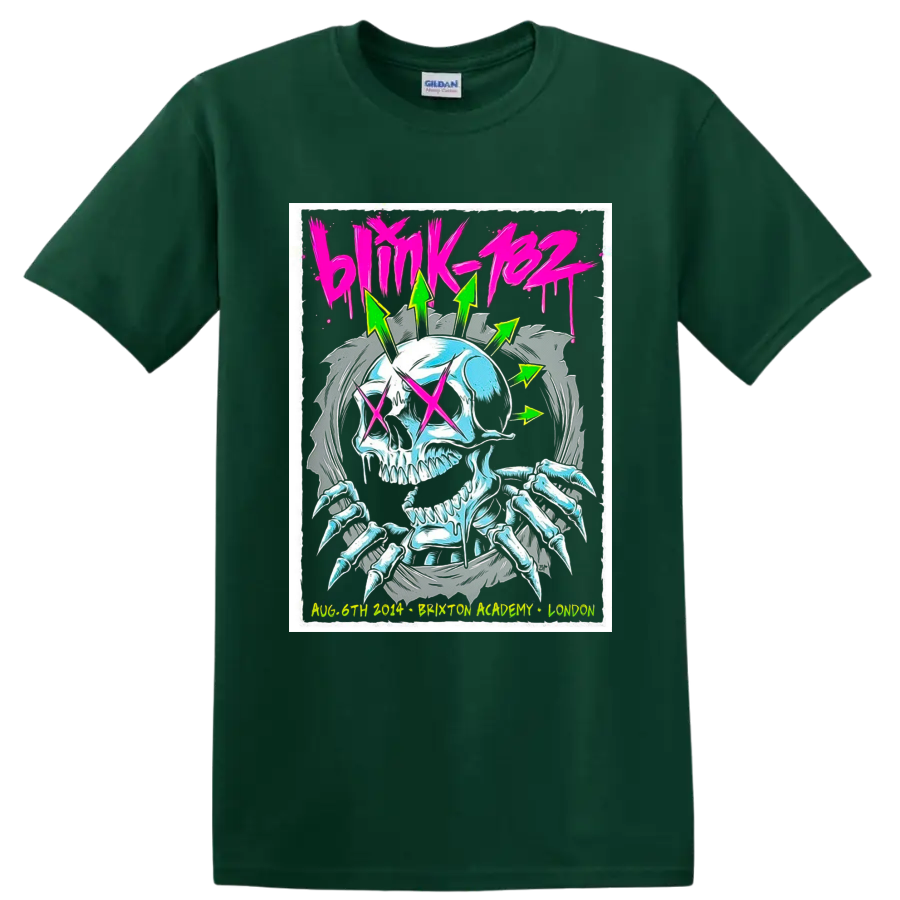 Blink-182 Brixton Academy neon skull concert poster with wings and pink X eyes on a Forest Green T Shirt