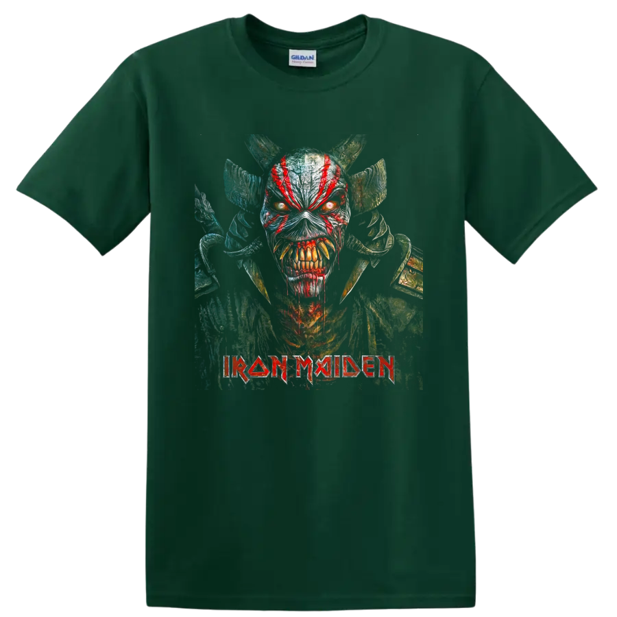 Iron Maiden Eddie horned warrior graphic with glowing eyes and band logo on a Forest Green T Shirt