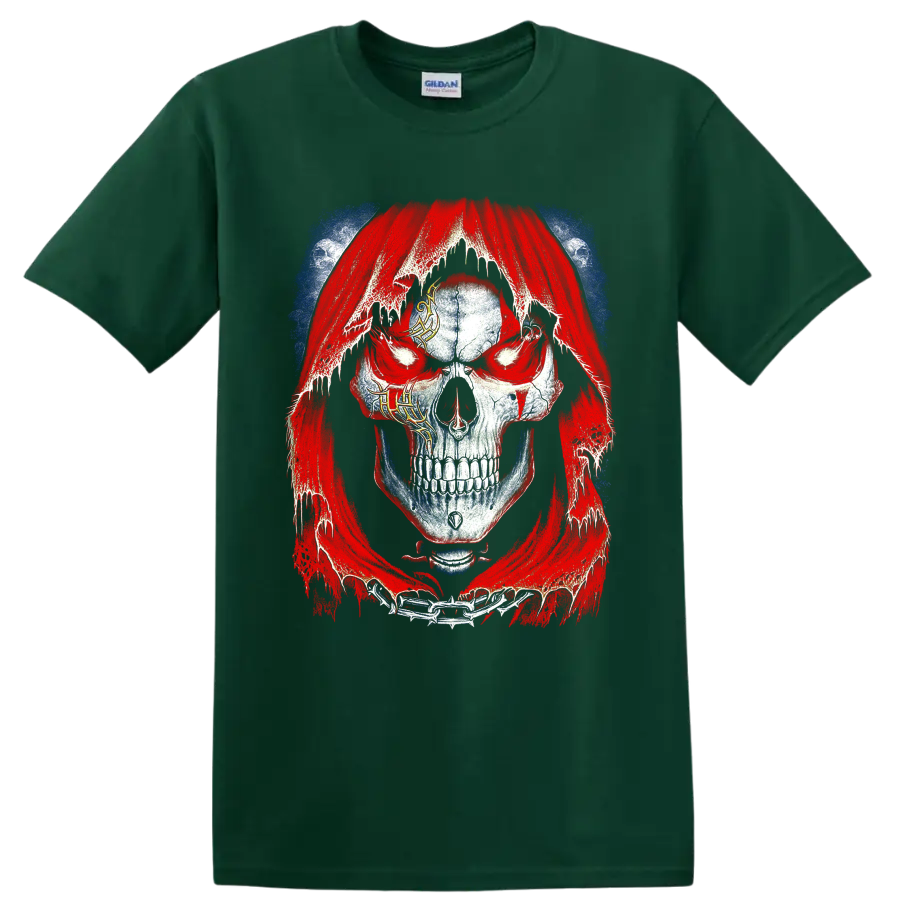 Distressed gothic skull in a tattered red hood with chains and blue accents on a Forest Green T Shirt