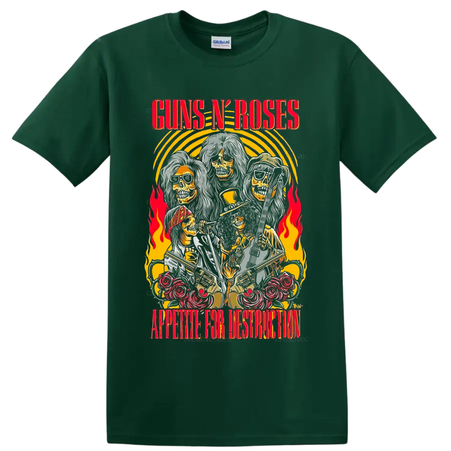 Guns N' Roses Appetite for Destruction skeleton band graphic with guitars, roses and on a Forest Green T Shirt