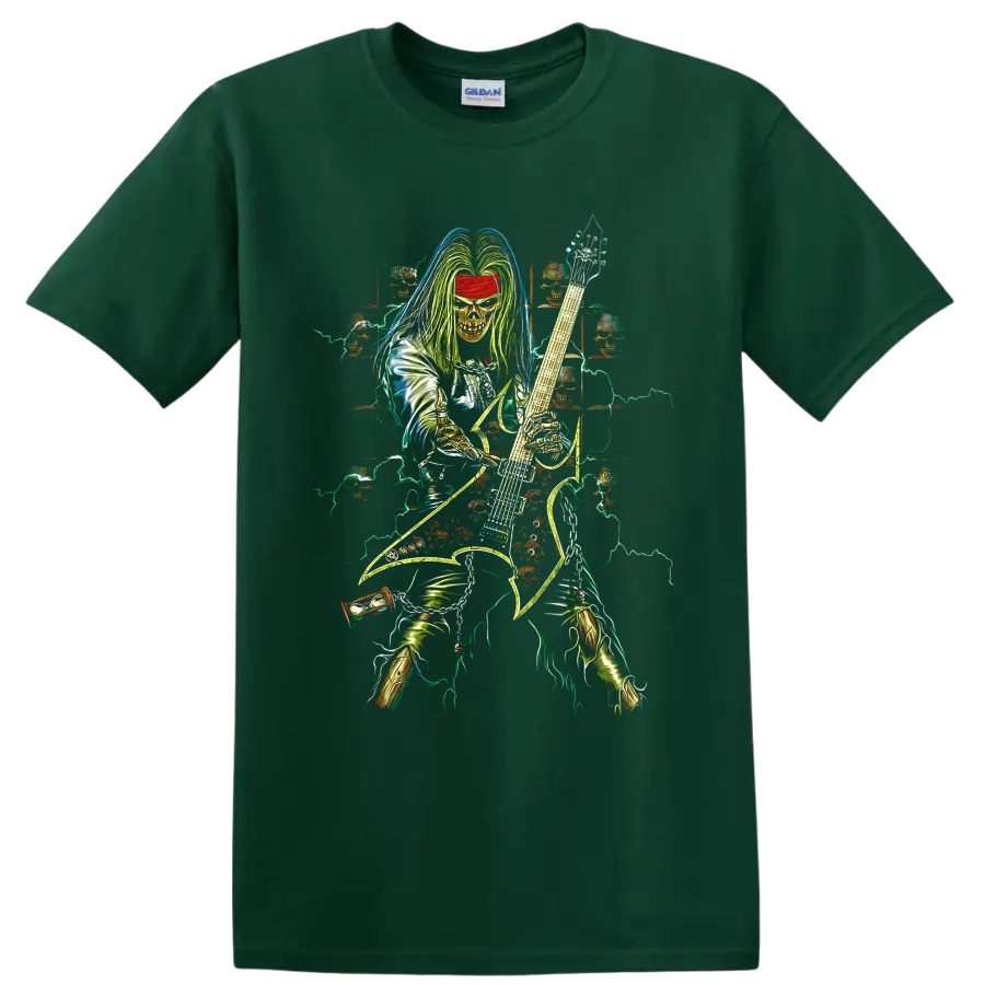 Dimebag Darrell-inspired skeletal guitarist with electric guitar and lightning artwork on a Forest Green T Shirt