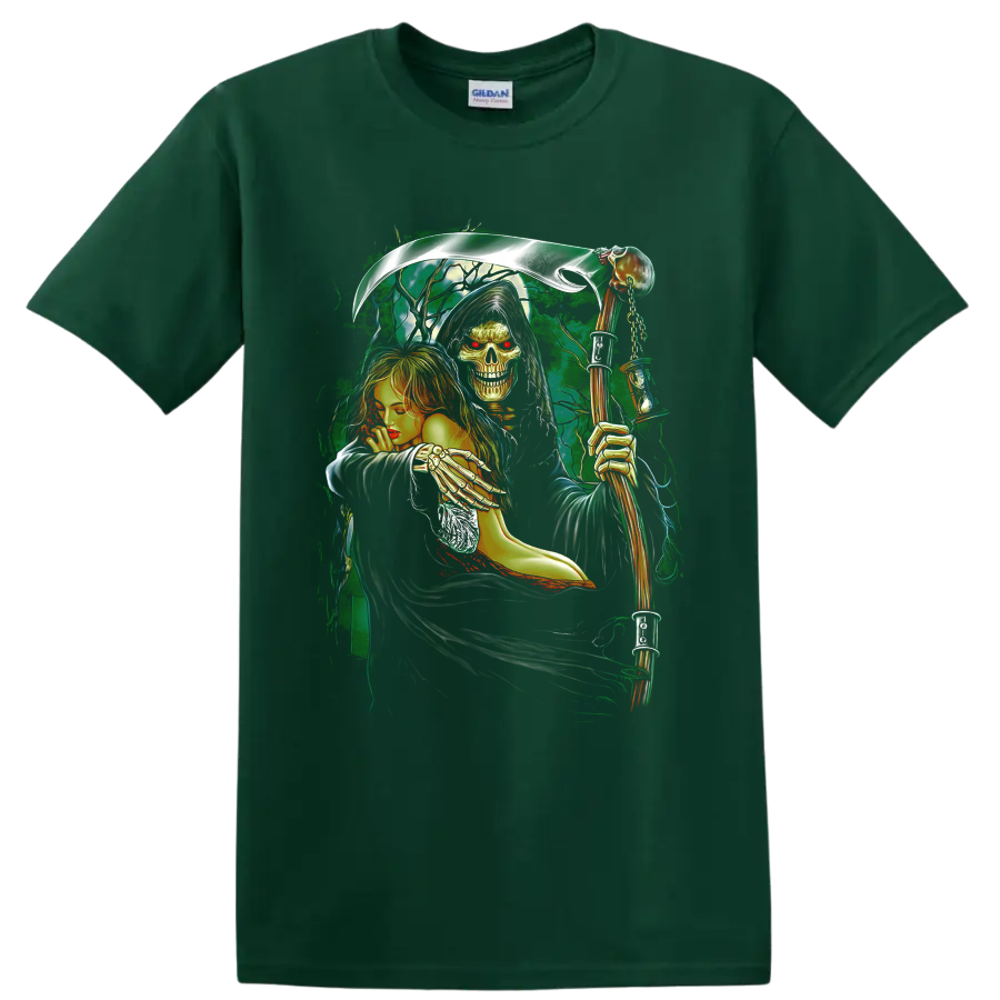 Gothic Grim Reaper holding a woman with a skull, red hair, and scythe on a Forest Green T Shirt