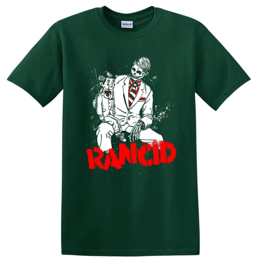 Rancid suited skeleton duo illustration with red tie accents and distressed logo on a Forest Green T Shirt