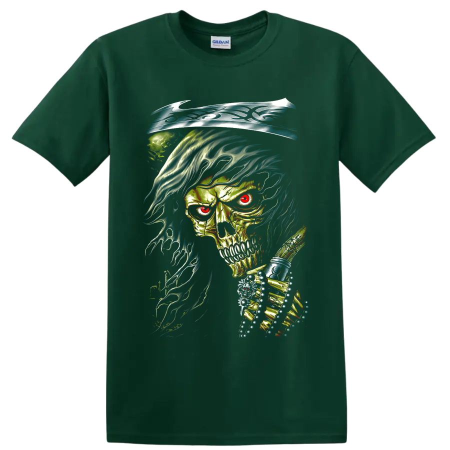 Fiery gothic skull with sweeping blue flame-like dark art illustration on a Forest Green T Shirt