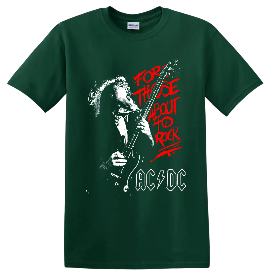 Angus Young guitar illustration with red For Those About to Rock text and AC/DC logo on a Forest Green T Shirt