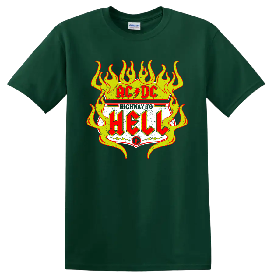 AC/DC Highway to Hell distressed road sign graphic with yellow flames and red lettering on a Forest Green T Shirt